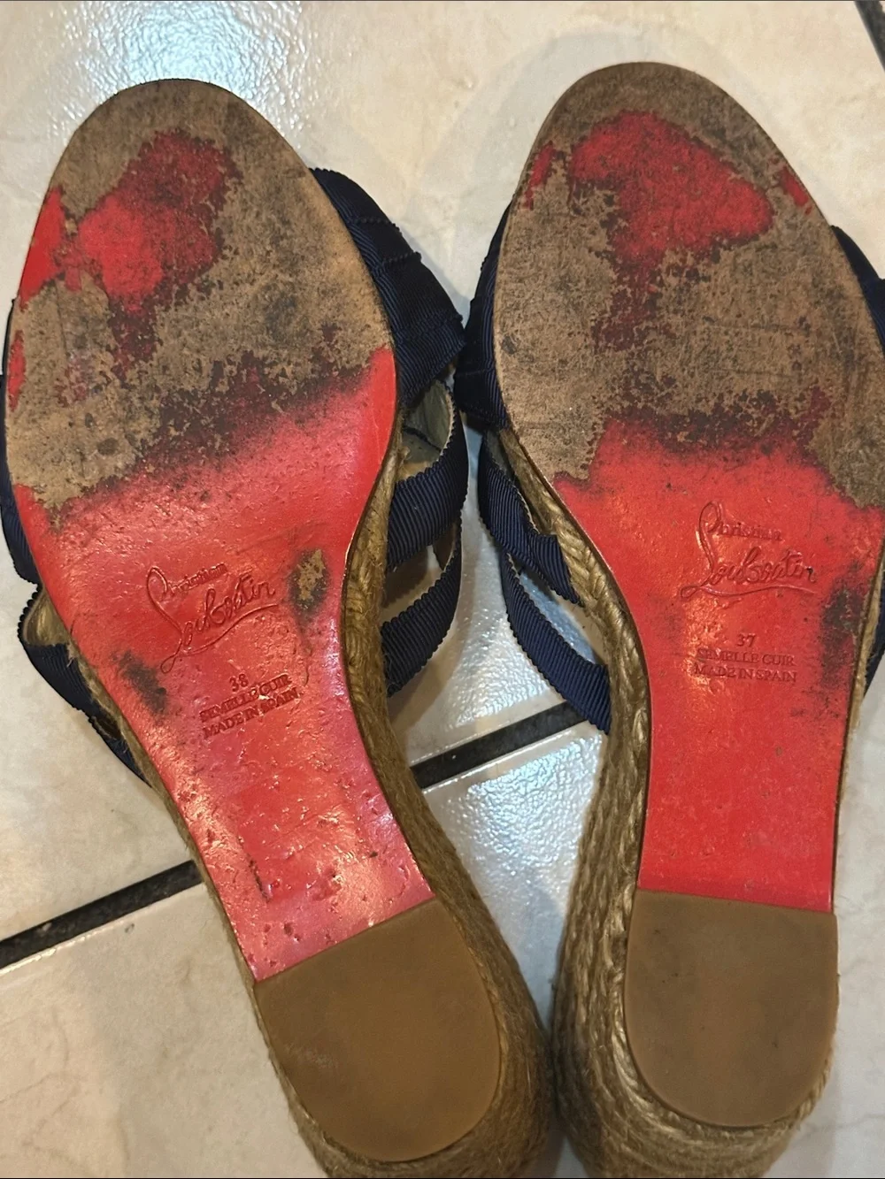 Christian Louboutin Navy Bow Rope Wedge Slides used in good condition
